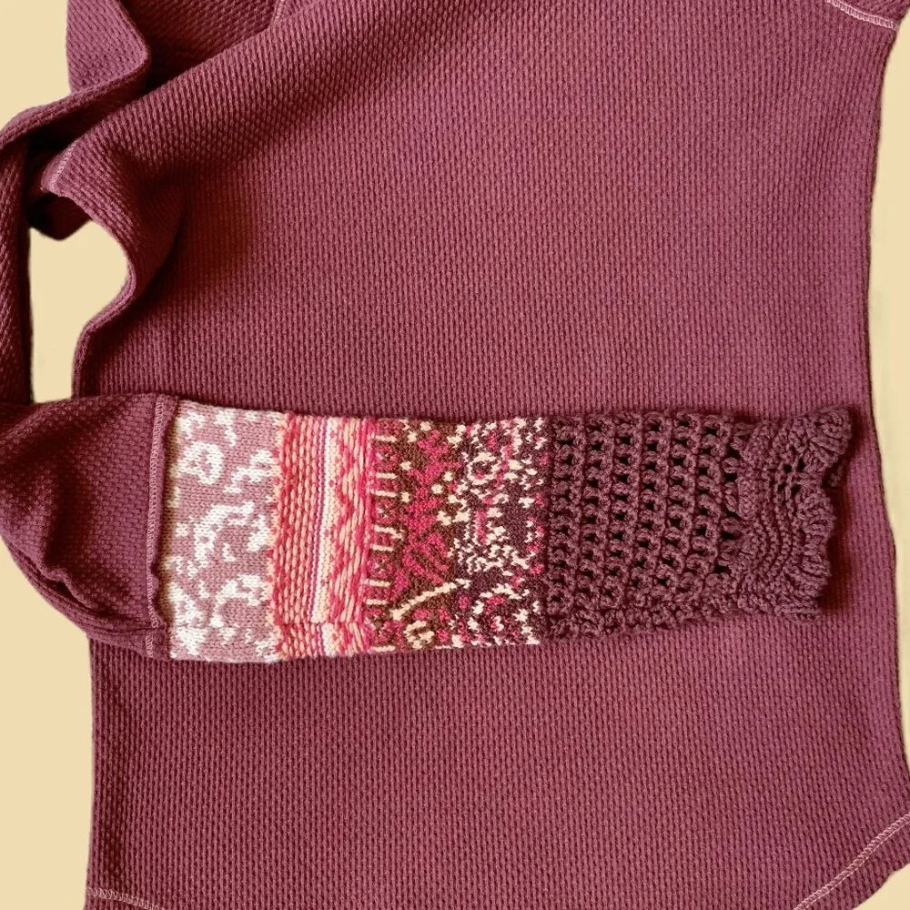 EUC Free People In The Mix Crochet Sleeve Top, Small, Rio Vino (Burgundy)